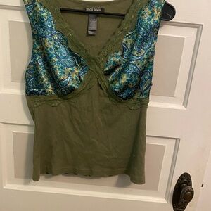 Bisou Bisou Olive Green Tank with Blue Paisley Trim